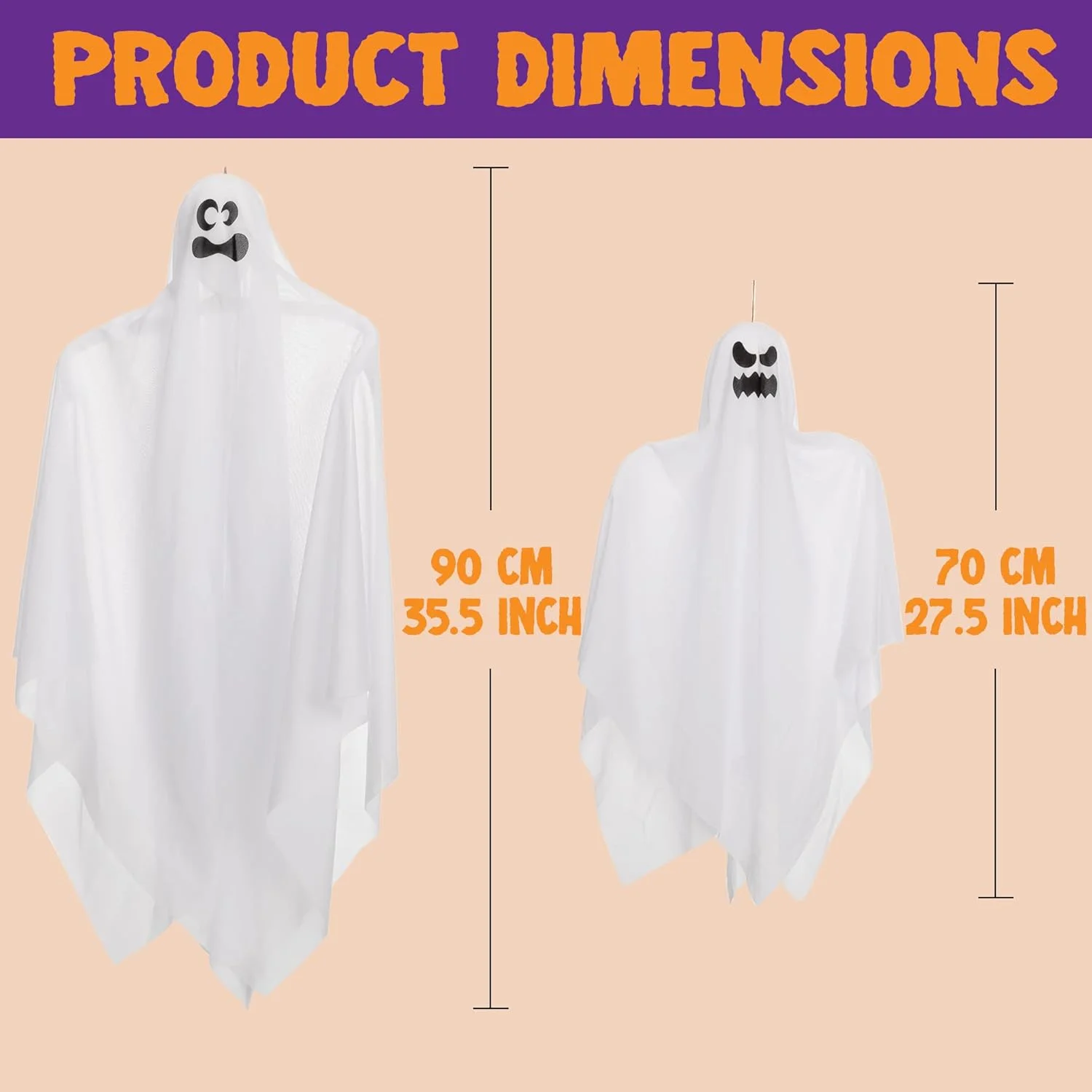 JOYIN Hanging Halloween Ghosts (4 Packs) Two 35.5" and Two 27.5" for Halloween Party Decoration, Cute Flying Ghost - Image 5