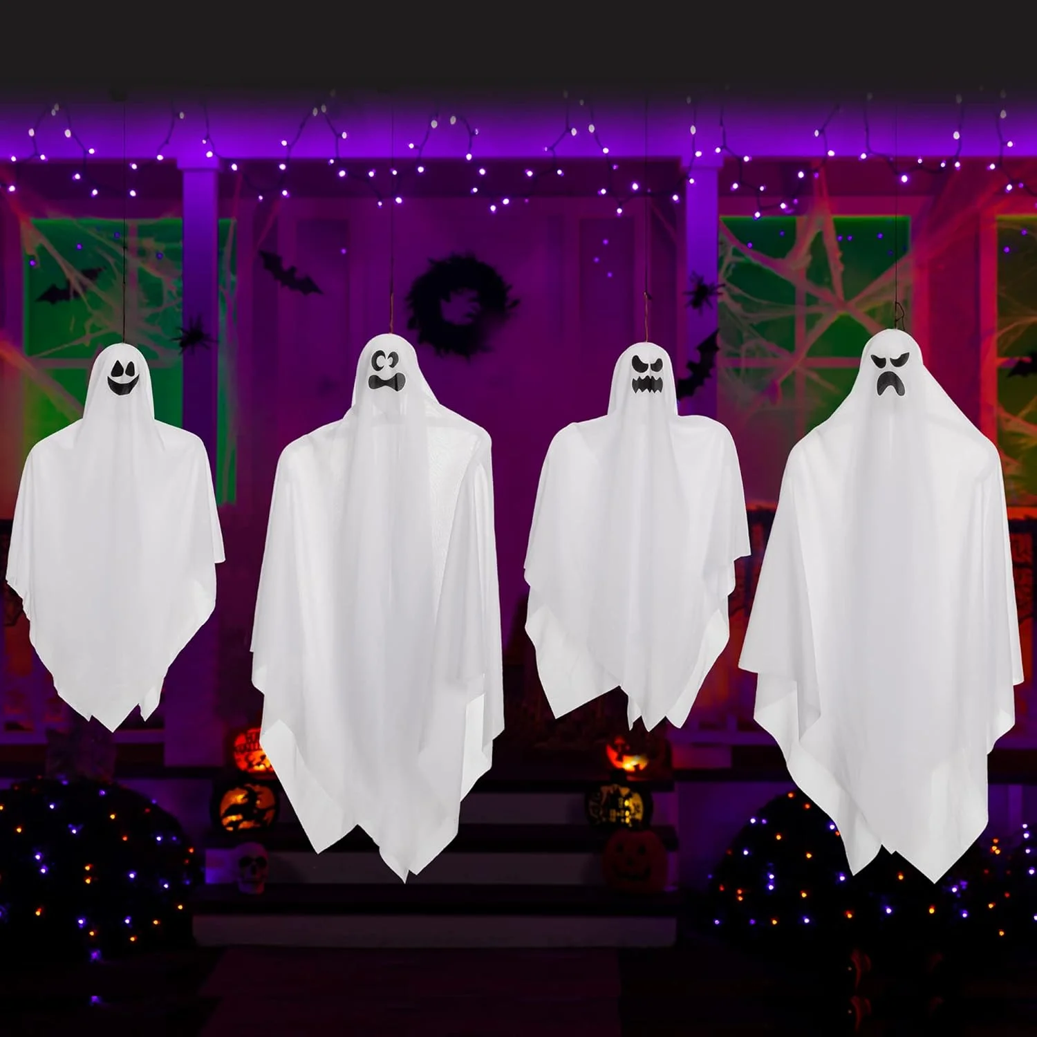 JOYIN Hanging Halloween Ghosts (4 Packs) Two 35.5" and Two 27.5" for Halloween Party Decoration, Cute Flying Ghost - Image 6