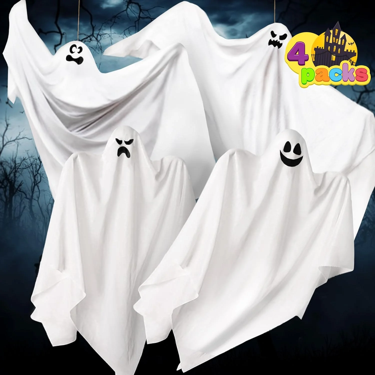 JOYIN Hanging Halloween Ghosts (4 Packs) Two 35.5" and Two 27.5" for Halloween Party Decoration, Cute Flying Ghost - Image 9