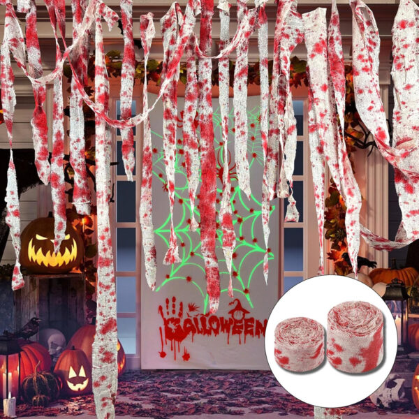 YuSaug Paño Aterrador de Halloween, Tela de Gasa Ensangrentada con Estampado Blanco, Red aterradora Decoraciones de Halloween para Patio Escaleras Accesorios para Fiestas en el Hogar