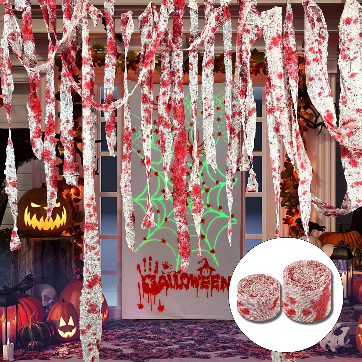 YuSaug Creepy Halloween Cloth, Blood Stained Gauze Fabric with White Print, Spooky Netting Halloween Decorations for Patio Stairs Home Party Accessories