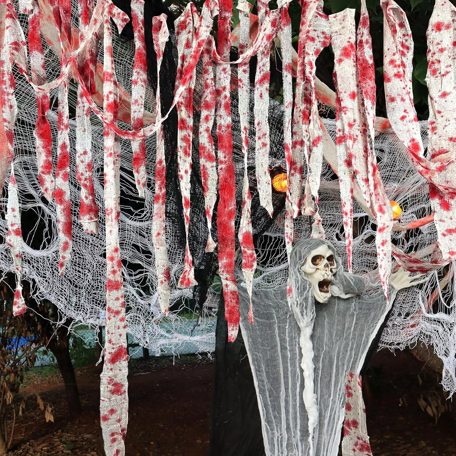 YuSaug Creepy Halloween Cloth, Blood Stained Gauze Fabric with White Print, Spooky Netting Halloween Decorations for Patio Stairs Home Party Accessories - Image 3