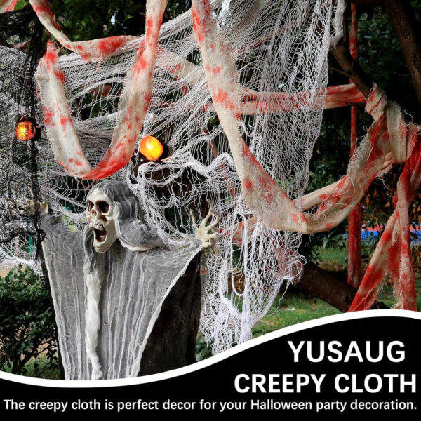 YuSaug Paño Aterrador de Halloween, Tela de Gasa Ensangrentada con Estampado Blanco, Red aterradora Decoraciones de Halloween para Patio Escaleras Accesorios para Fiestas en el Hogar - Imagen 5