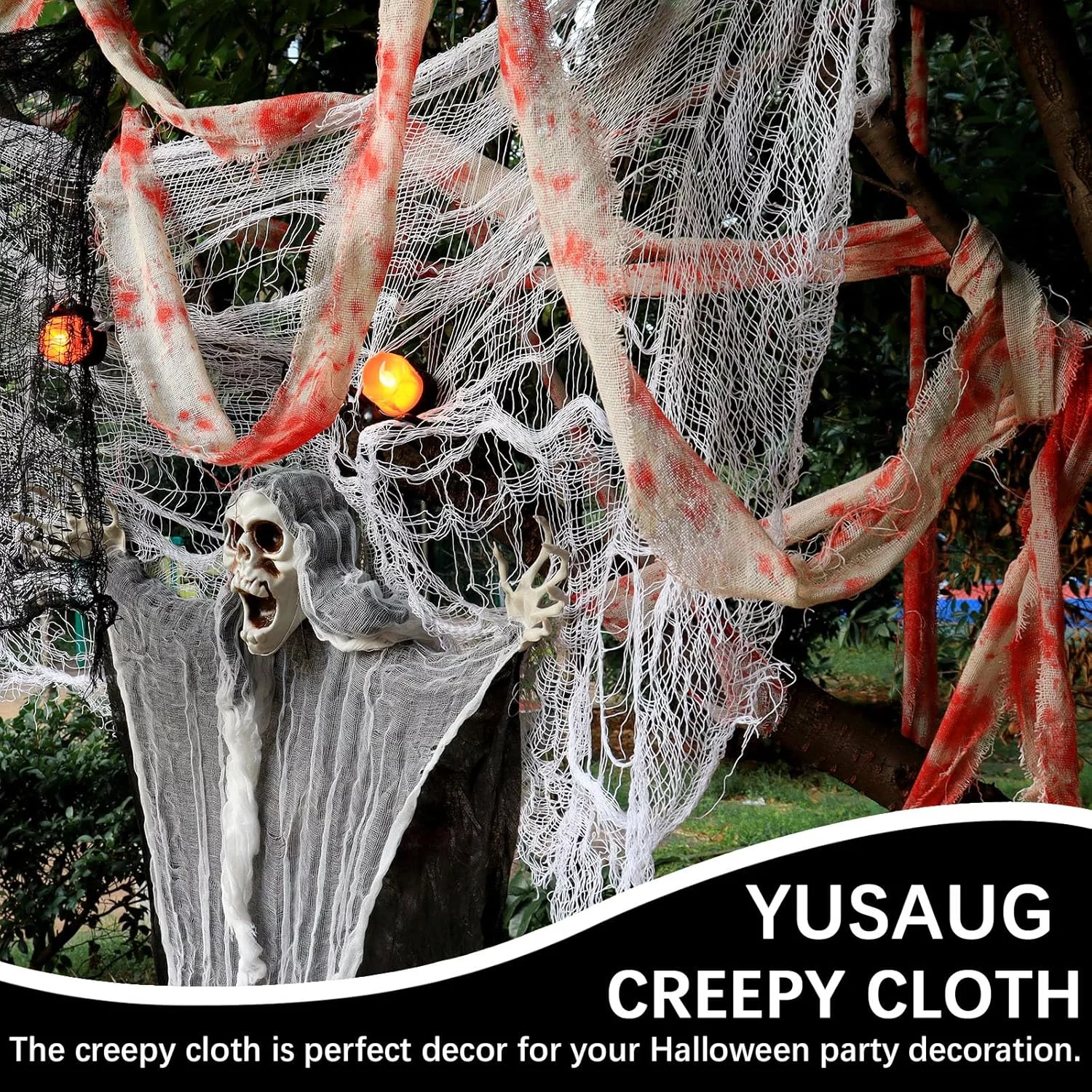 YuSaug Creepy Halloween Cloth, Blood Stained Gauze Fabric with White Print, Spooky Netting Halloween Decorations for Patio Stairs Home Party Accessories - Image 4