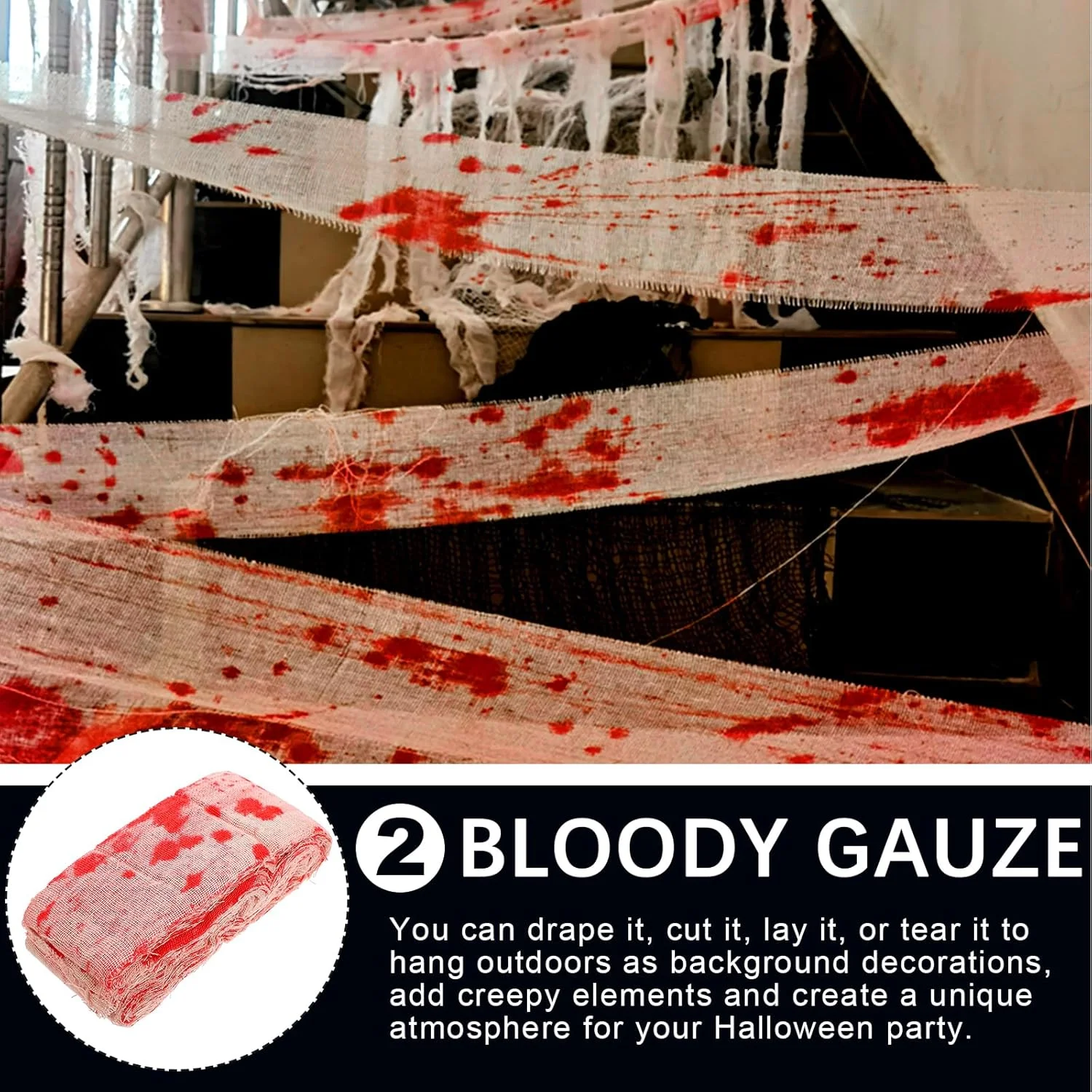 YuSaug Creepy Halloween Cloth, Blood Stained Gauze Fabric with White Print, Spooky Netting Halloween Decorations for Patio Stairs Home Party Accessories - Image 7