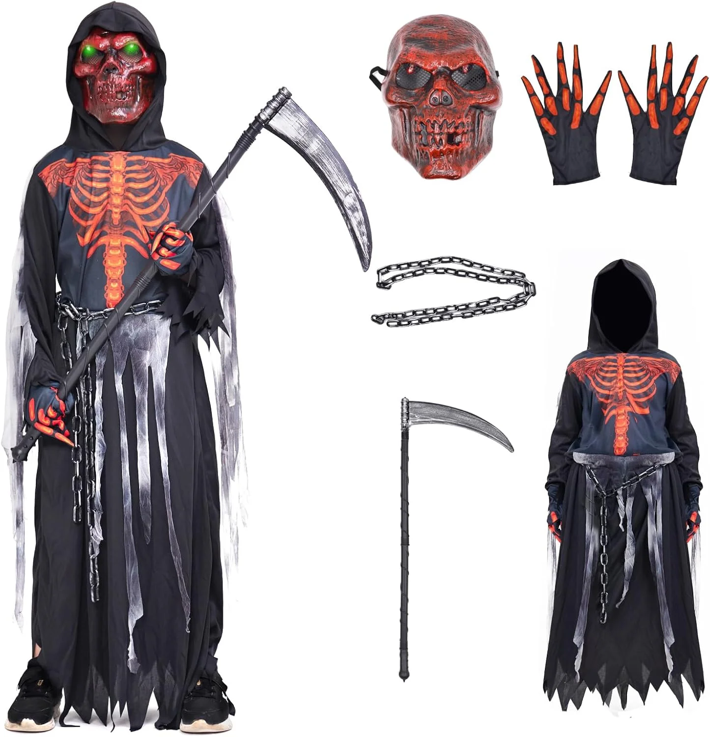 ZUCOS Sensemann Disfraz Sense Máscara Cráneo Guantes, Unisex Disfraz Grim Reaper para Halloween Fiesta Decoración