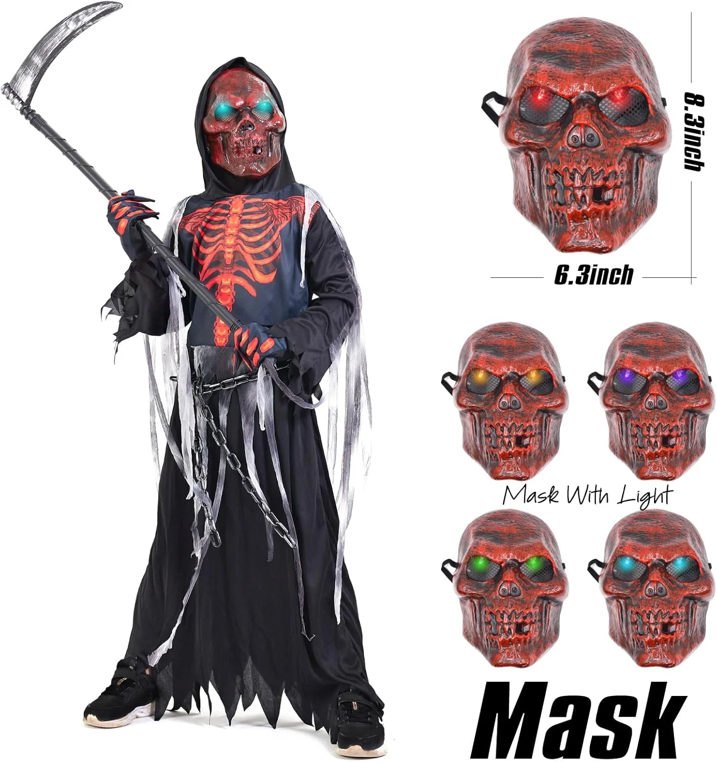 ZUCOS Sensemann Disfraz Sense Máscara Cráneo Guantes, Unisex Disfraz Grim Reaper para Halloween Fiesta Decoración - Imagen 3