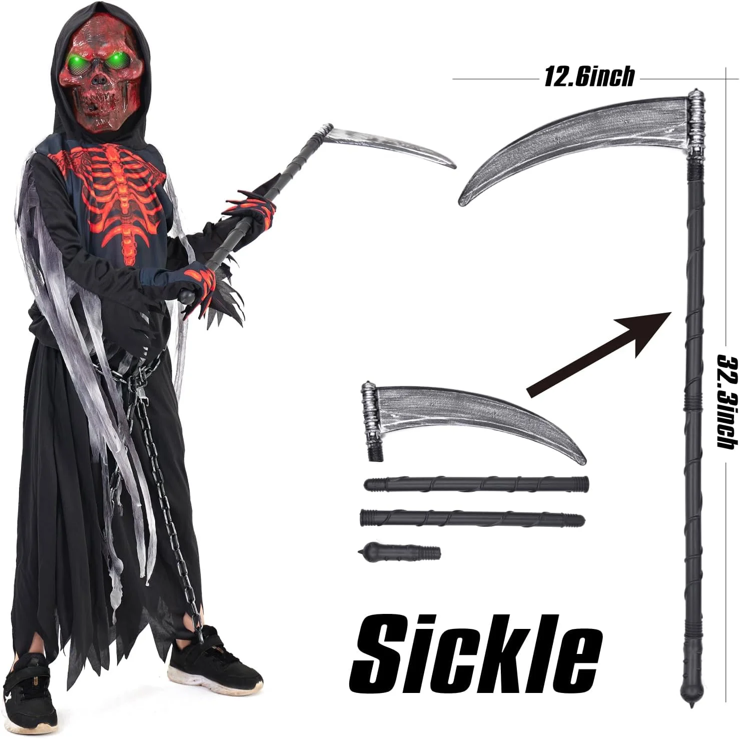 ZUCOS Sensemann Disfraz Sense Máscara Cráneo Guantes, Unisex Disfraz Grim Reaper para Halloween Fiesta Decoración - Imagen 4