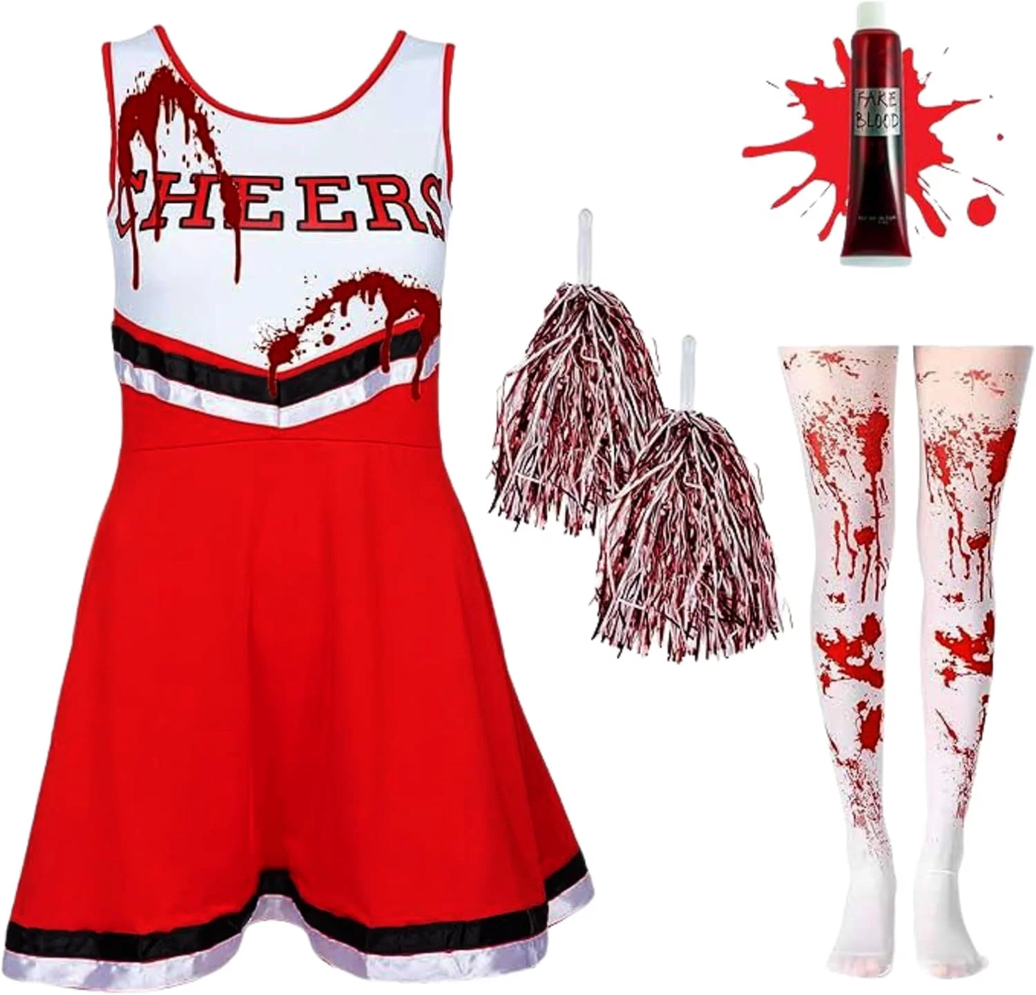 REDSTAR Zombie Cheerleader Costume for Girls with Blood-Splattered Stockings - American Cheerleader Outfit with Pom-Poms and Fake Blood Tube - Halloween Costume for Kids Parties - Image 2
