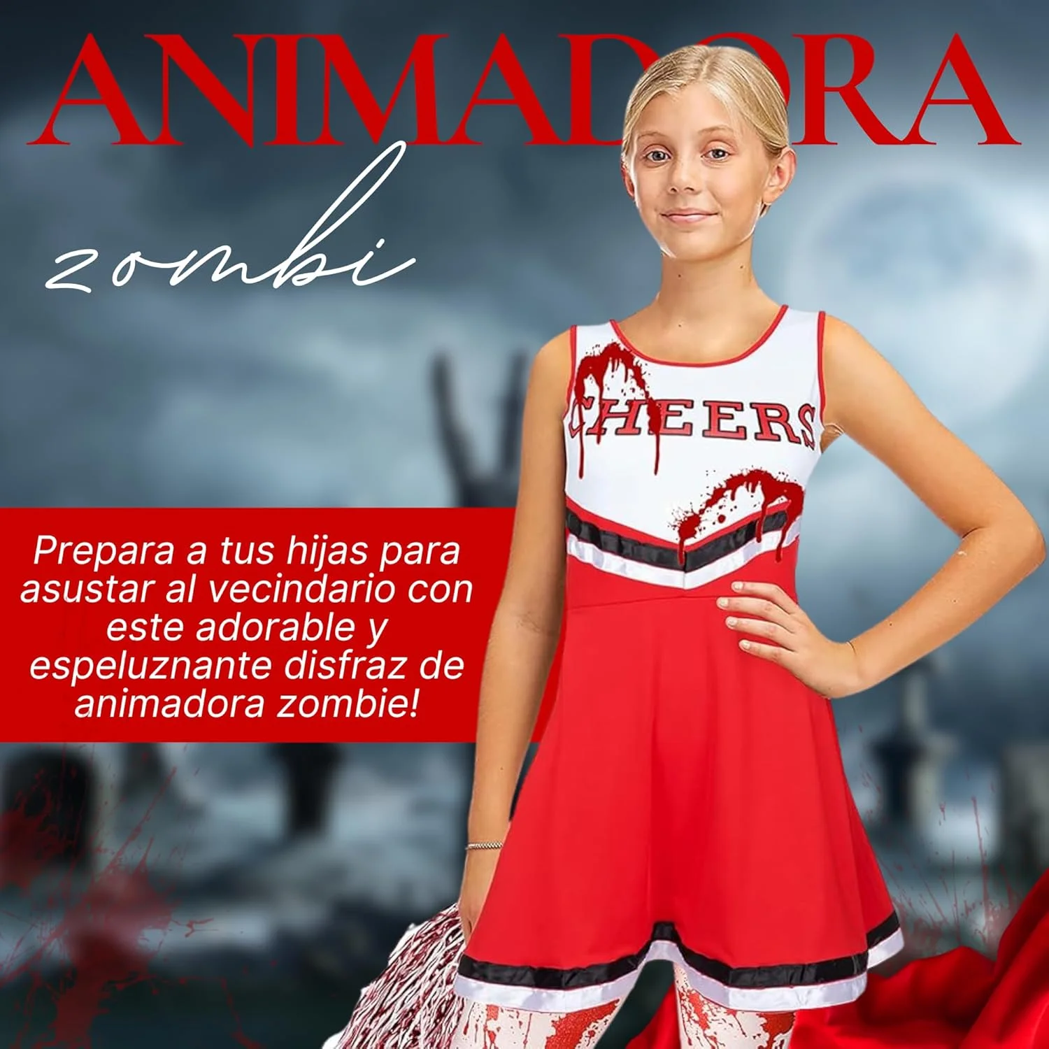 REDSTAR Zombie Cheerleader Costume for Girls with Blood-Splattered Stockings - American Cheerleader Outfit with Pom-Poms and Fake Blood Tube - Halloween Costume for Kids Parties - Image 3