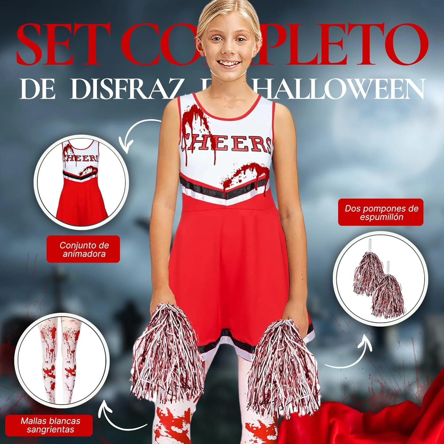 REDSTAR Zombie Cheerleader Costume for Girls with Blood-Splattered Stockings - American Cheerleader Outfit with Pom-Poms and Fake Blood Tube - Halloween Costume for Kids Parties - Image 4