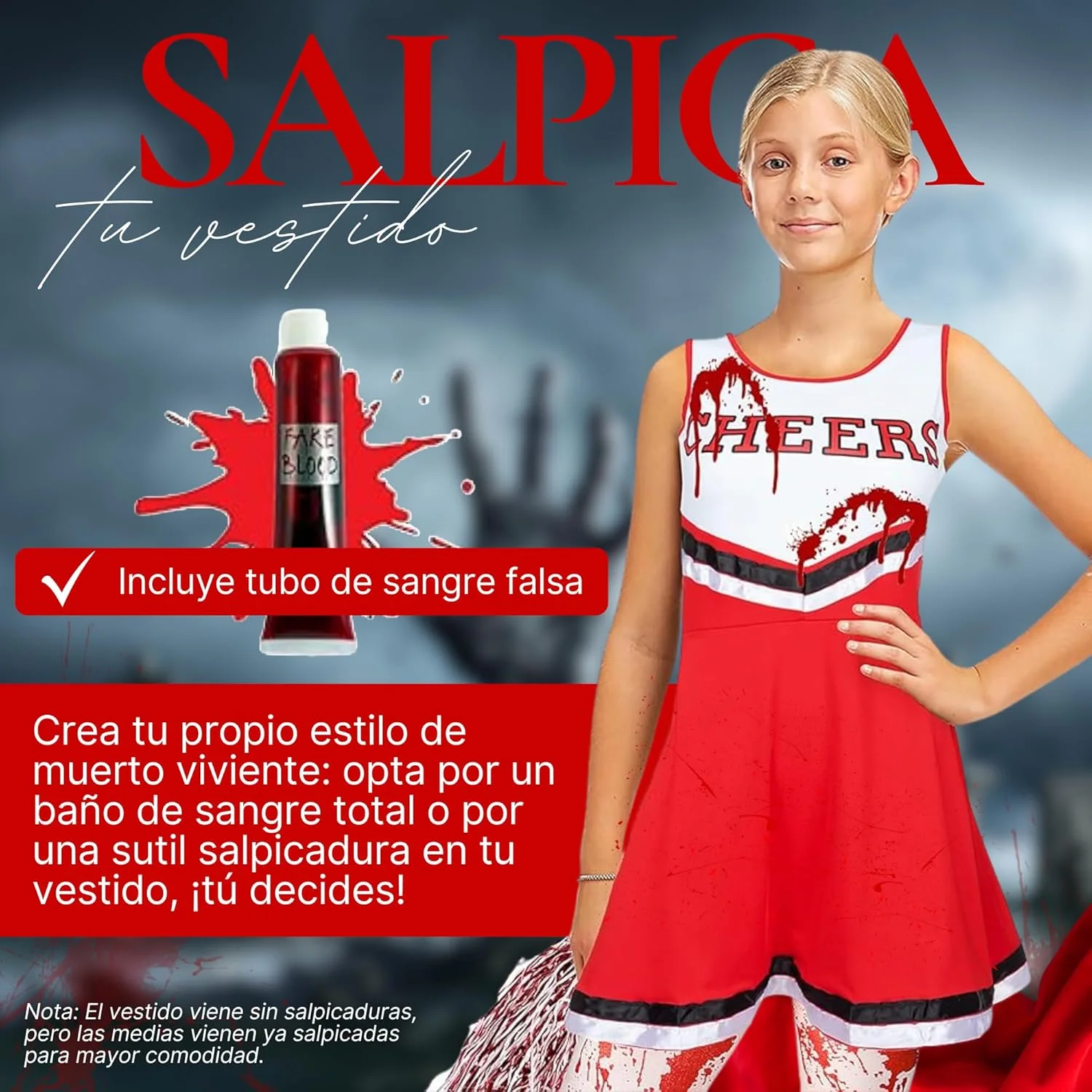 REDSTAR Zombie Cheerleader Costume for Girls with Blood-Splattered Stockings - American Cheerleader Outfit with Pom-Poms and Fake Blood Tube - Halloween Costume for Kids Parties - Image 5