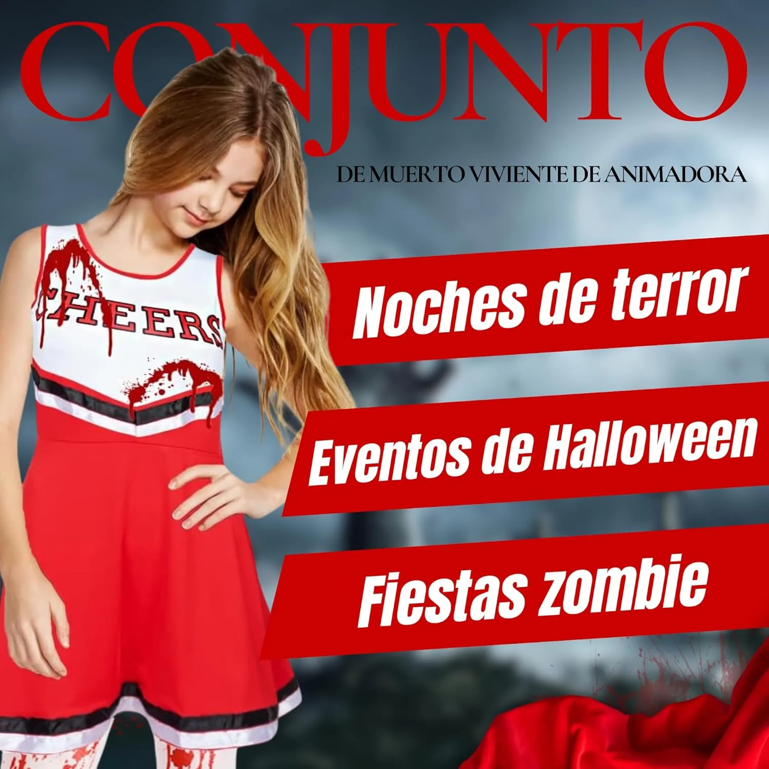 REDSTAR Zombie Cheerleader Costume for Girls with Blood-Splattered Stockings - American Cheerleader Outfit with Pom-Poms and Fake Blood Tube - Halloween Costume for Kids Parties - Image 6
