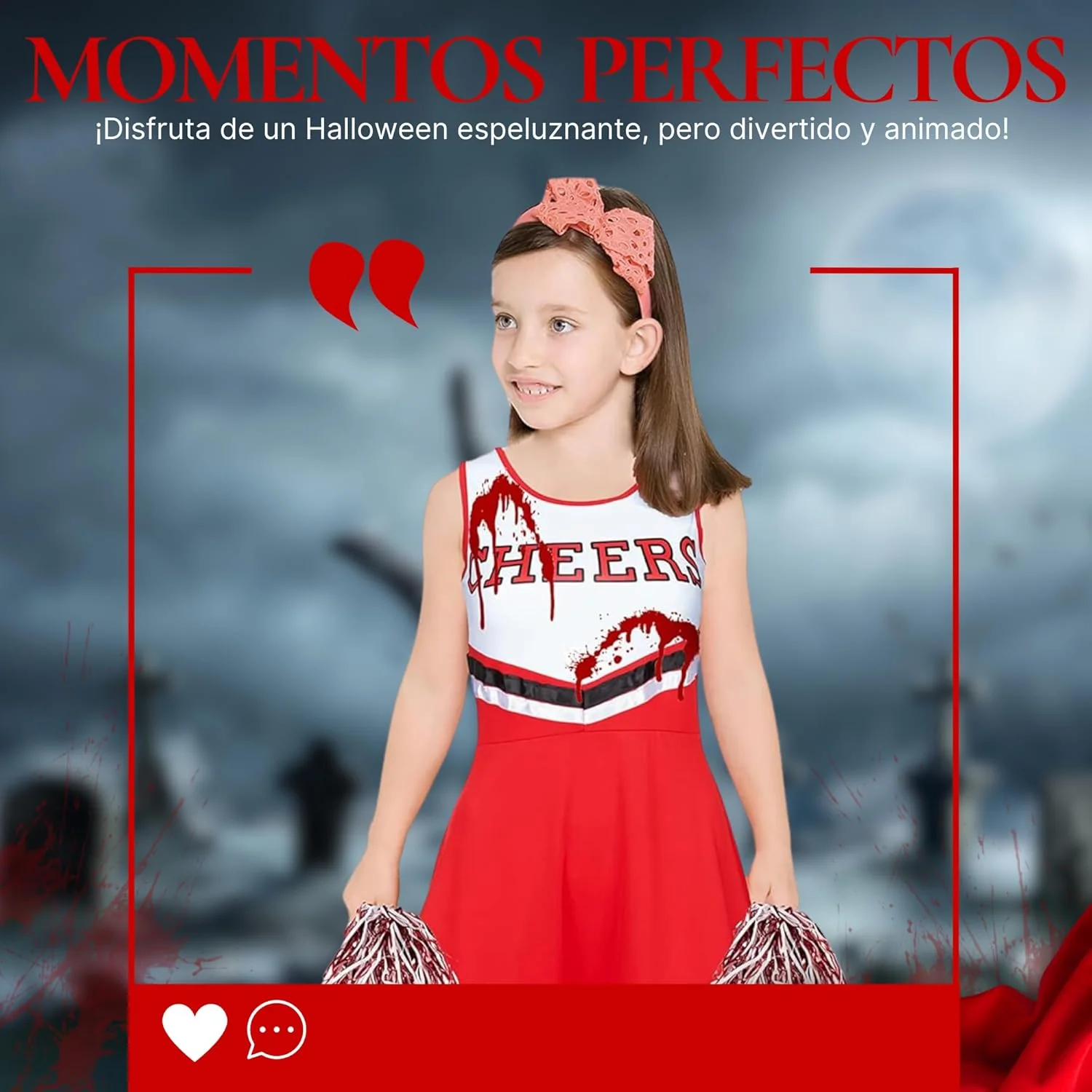 REDSTAR Zombie Cheerleader Costume for Girls with Blood-Splattered Stockings - American Cheerleader Outfit with Pom-Poms and Fake Blood Tube - Halloween Costume for Kids Parties - Image 7