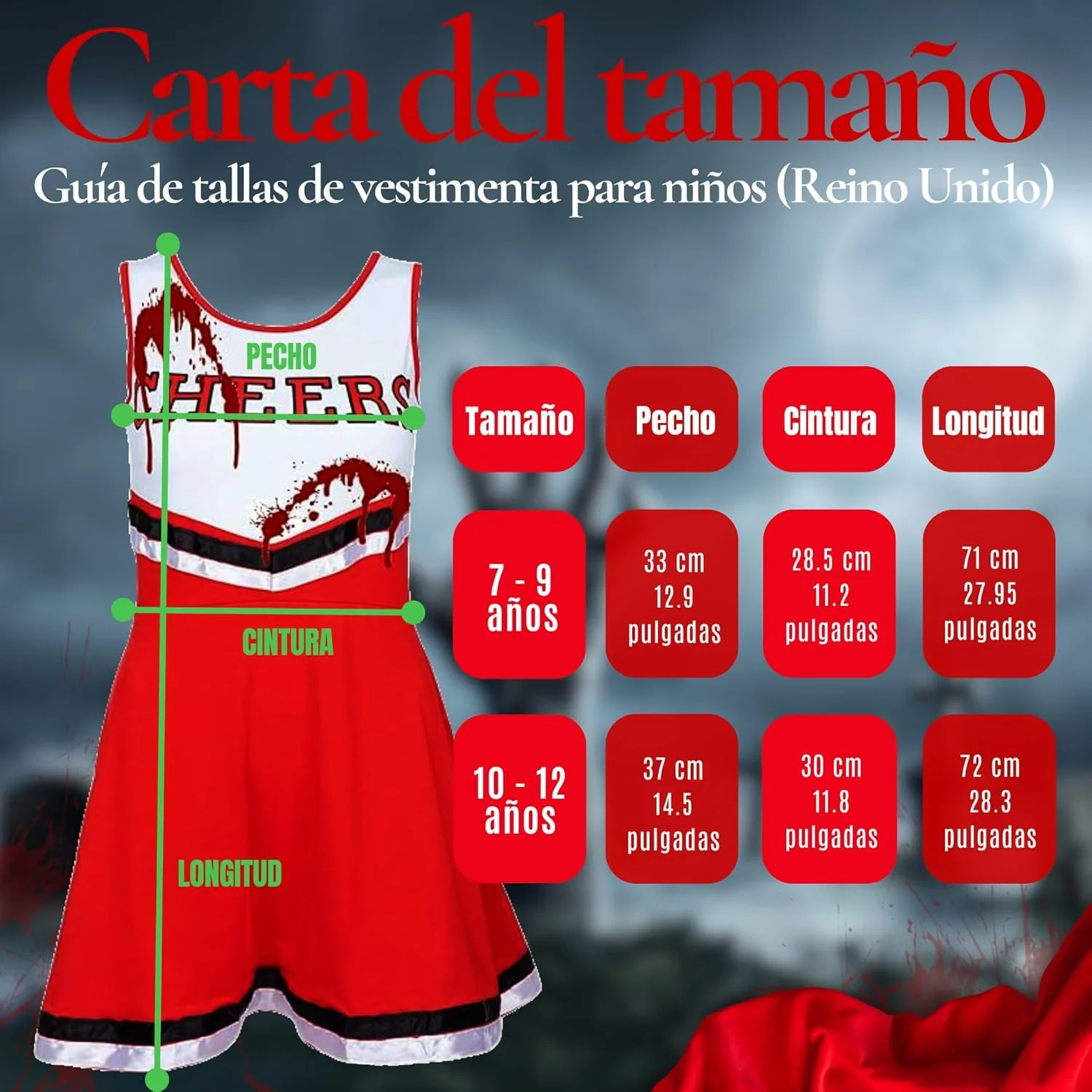 REDSTAR Zombie Cheerleader Costume for Girls with Blood-Splattered Stockings - American Cheerleader Outfit with Pom-Poms and Fake Blood Tube - Halloween Costume for Kids Parties - Image 8