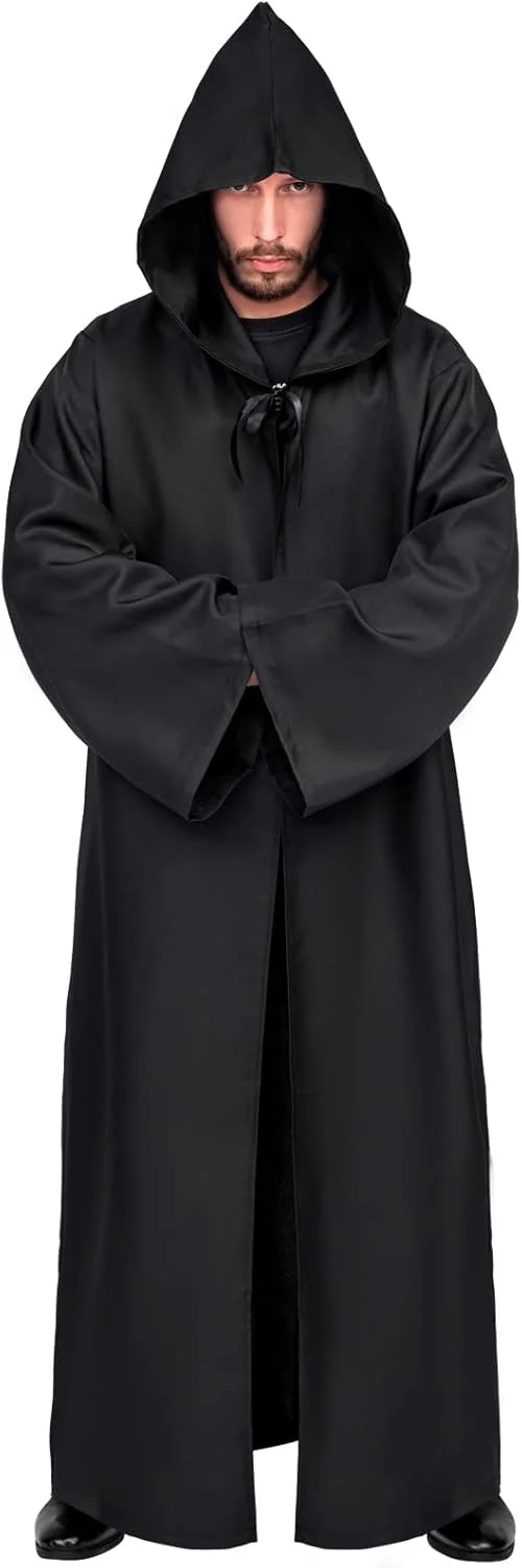 Myir JUN Hooded Halloween Cloak for Men, Adult Knight Costume Medieval Carnival Outfit Cosplay Apparel (XL, Black)