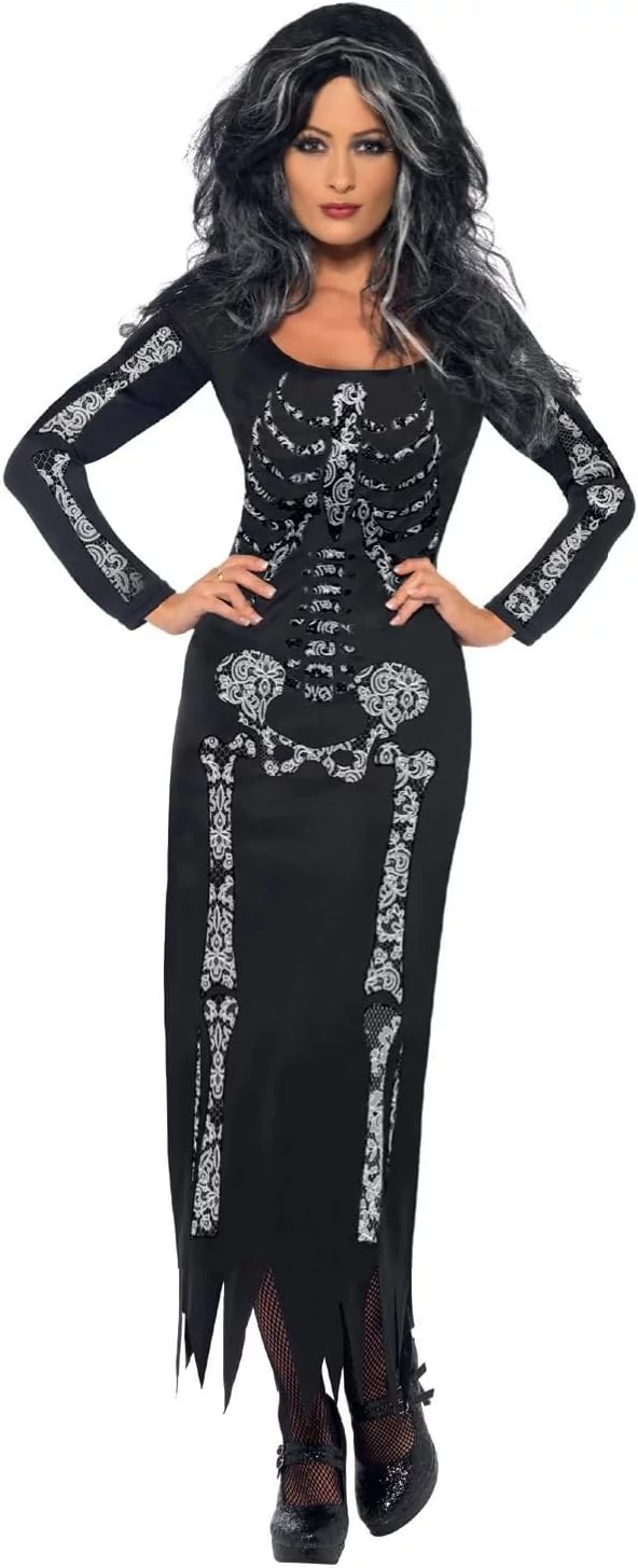 Smiffys Disfraz de esqueleto, Negro, con vestido ceñido de manga larga