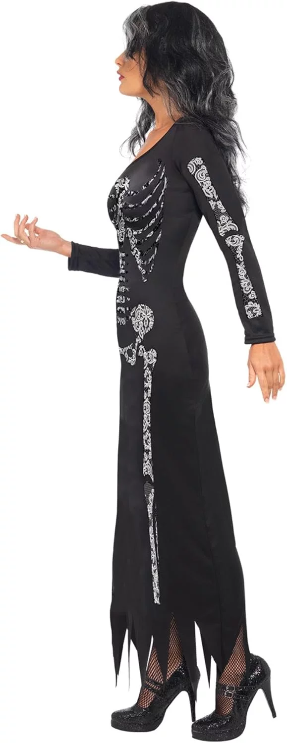 Smiffys Disfraz de esqueleto, Negro, con vestido ceñido de manga larga - Imagen 2
