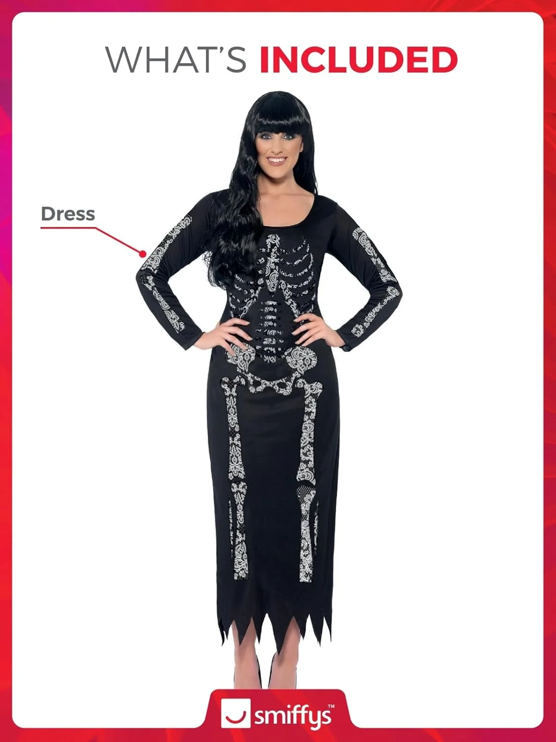 Smiffys Disfraz de esqueleto, Negro, con vestido ceñido de manga larga - Imagen 4