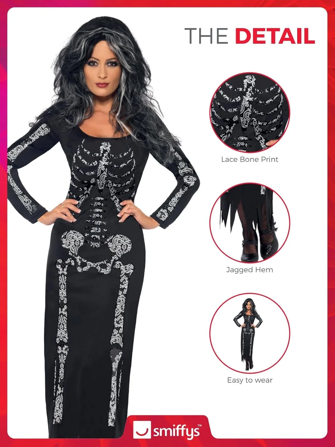 Smiffys Disfraz de esqueleto, Negro, con vestido ceñido de manga larga - Imagen 5