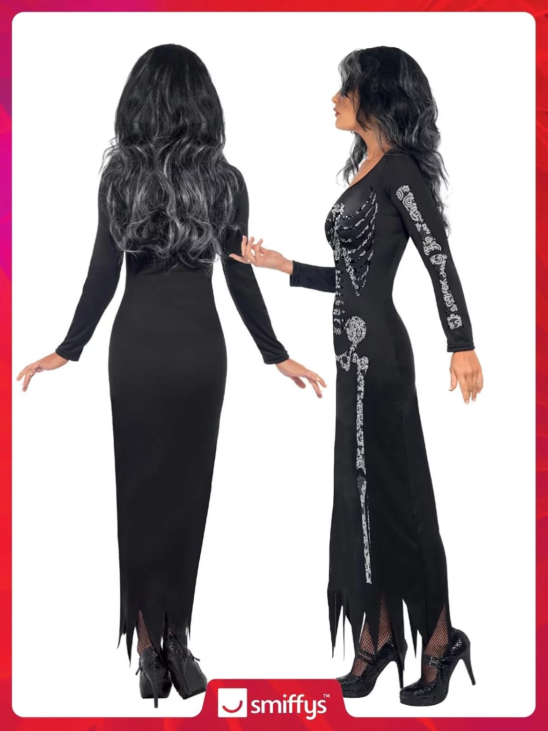 Smiffys Disfraz de esqueleto, Negro, con vestido ceñido de manga larga - Imagen 6