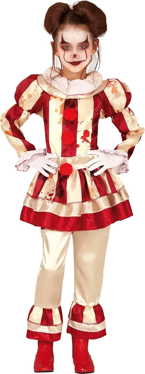 FIESTAS GUIRCA | Disfraz de Payaso a Rayas Infantil - Vestido, Pantalón y Cuello para Niñas - Disfraces de Payaso para Halloween y Fiestas Temáticas - Ideal para Niñas - Beige y Granate