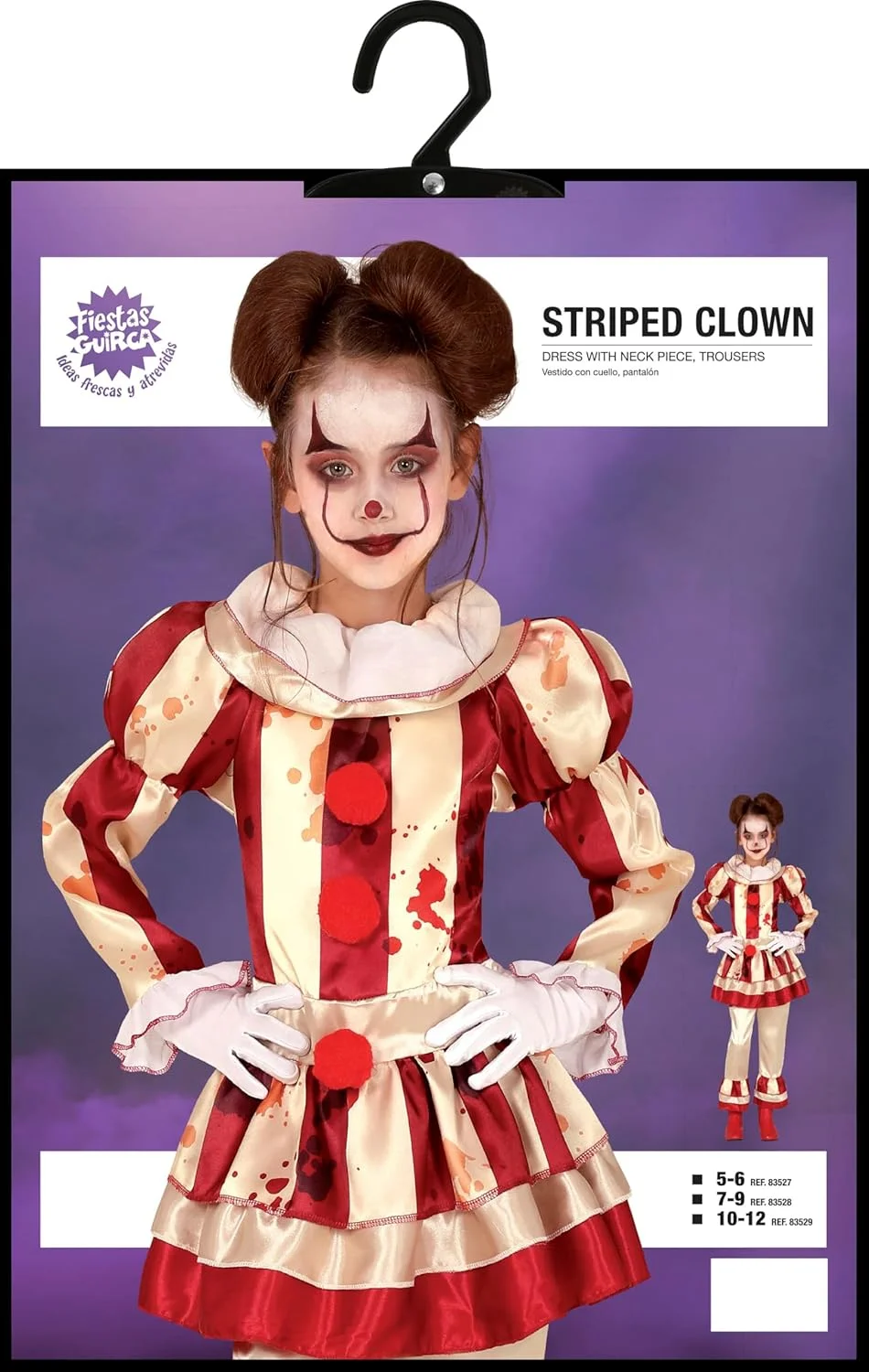 FIESTAS GUIRCA | Disfraz de Payaso a Rayas Infantil - Vestido, Pantalón y Cuello para Niñas - Disfraces de Payaso para Halloween y Fiestas Temáticas - Ideal para Niñas - Beige y Granate - Imagen 6