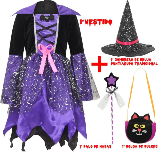 EOZY-Disfraz de Bruja para Niñas Disfraz de Cosplay Infantiles Disfraz de Fiesta de Halloween y Carnaval Incluido Vestido de Bruja y Sombrero de Bruja y Palo de Hadas y Bolsa de Dulces - Imagen 3