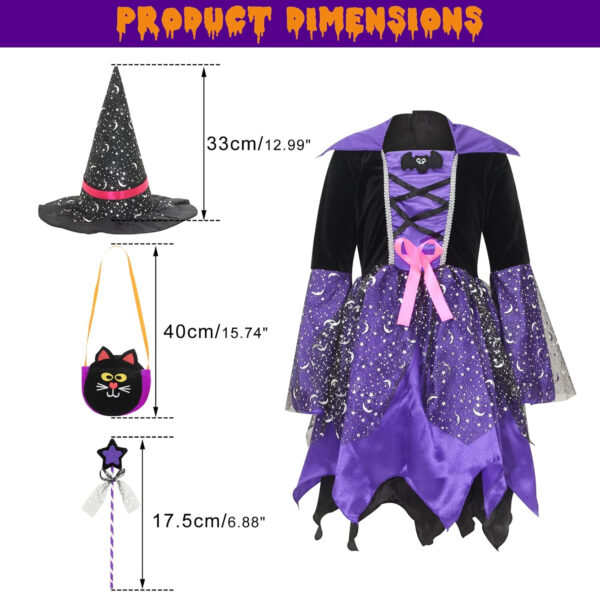 EOZY-Disfraz de Bruja para Niñas Disfraz de Cosplay Infantiles Disfraz de Fiesta de Halloween y Carnaval Incluido Vestido de Bruja y Sombrero de Bruja y Palo de Hadas y Bolsa de Dulces - Imagen 4