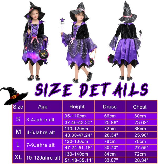 EOZY-Disfraz de Bruja para Niñas Disfraz de Cosplay Infantiles Disfraz de Fiesta de Halloween y Carnaval Incluido Vestido de Bruja y Sombrero de Bruja y Palo de Hadas y Bolsa de Dulces - Imagen 8