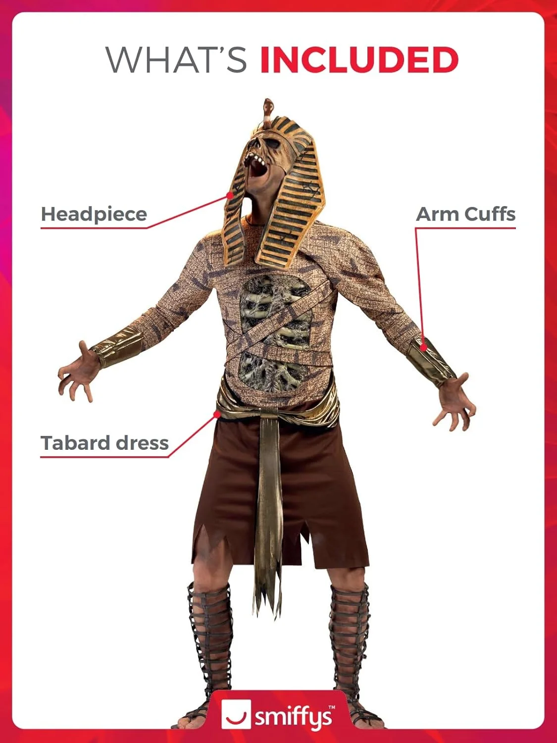 Smiffys Zombie Pharaoh Costume, Gold, with Tabard, Armbands, and Headpiece - Image 5