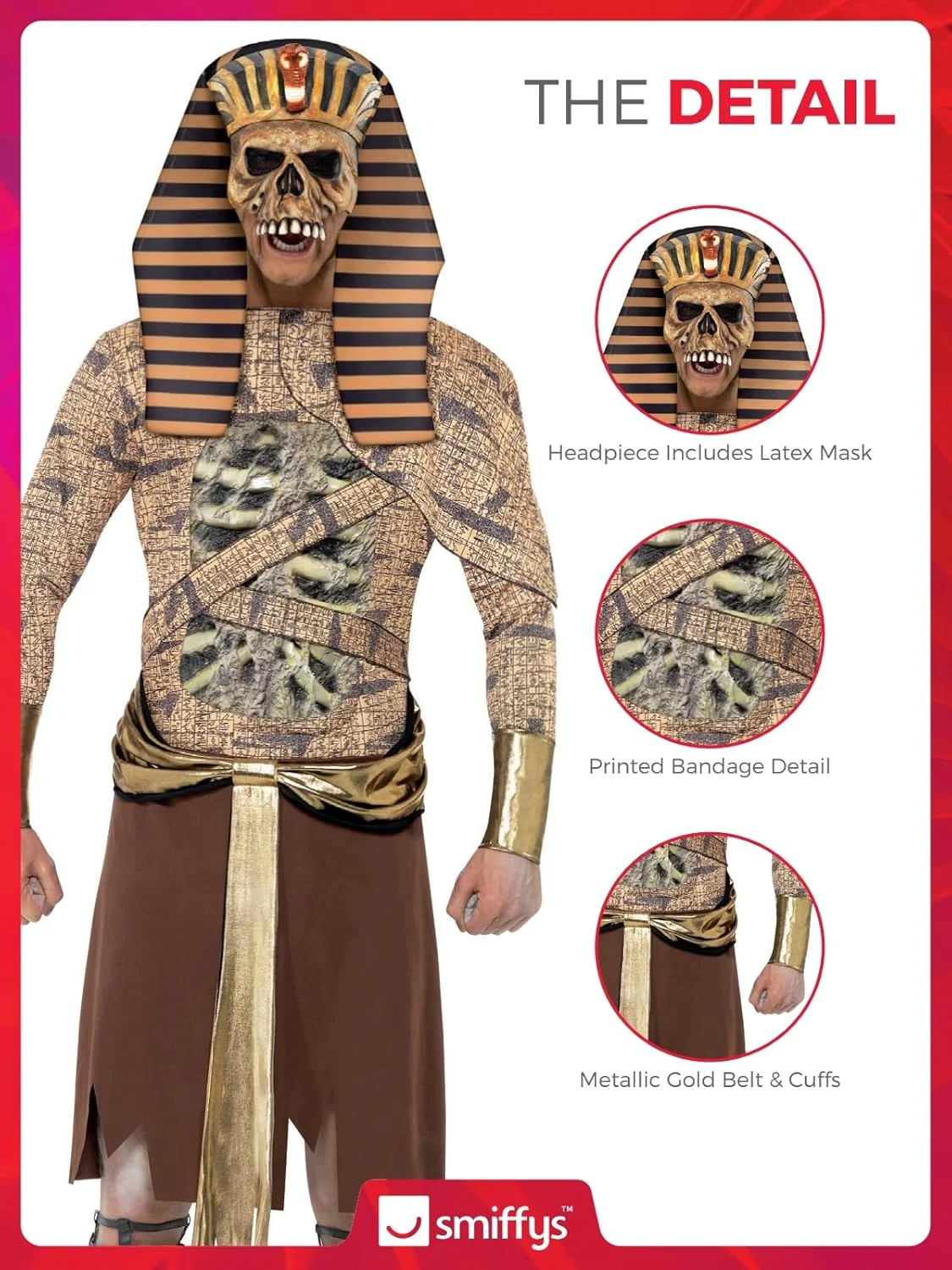 Smiffys Zombie Pharaoh Costume, Gold, with Tabard, Armbands, and Headpiece - Image 6