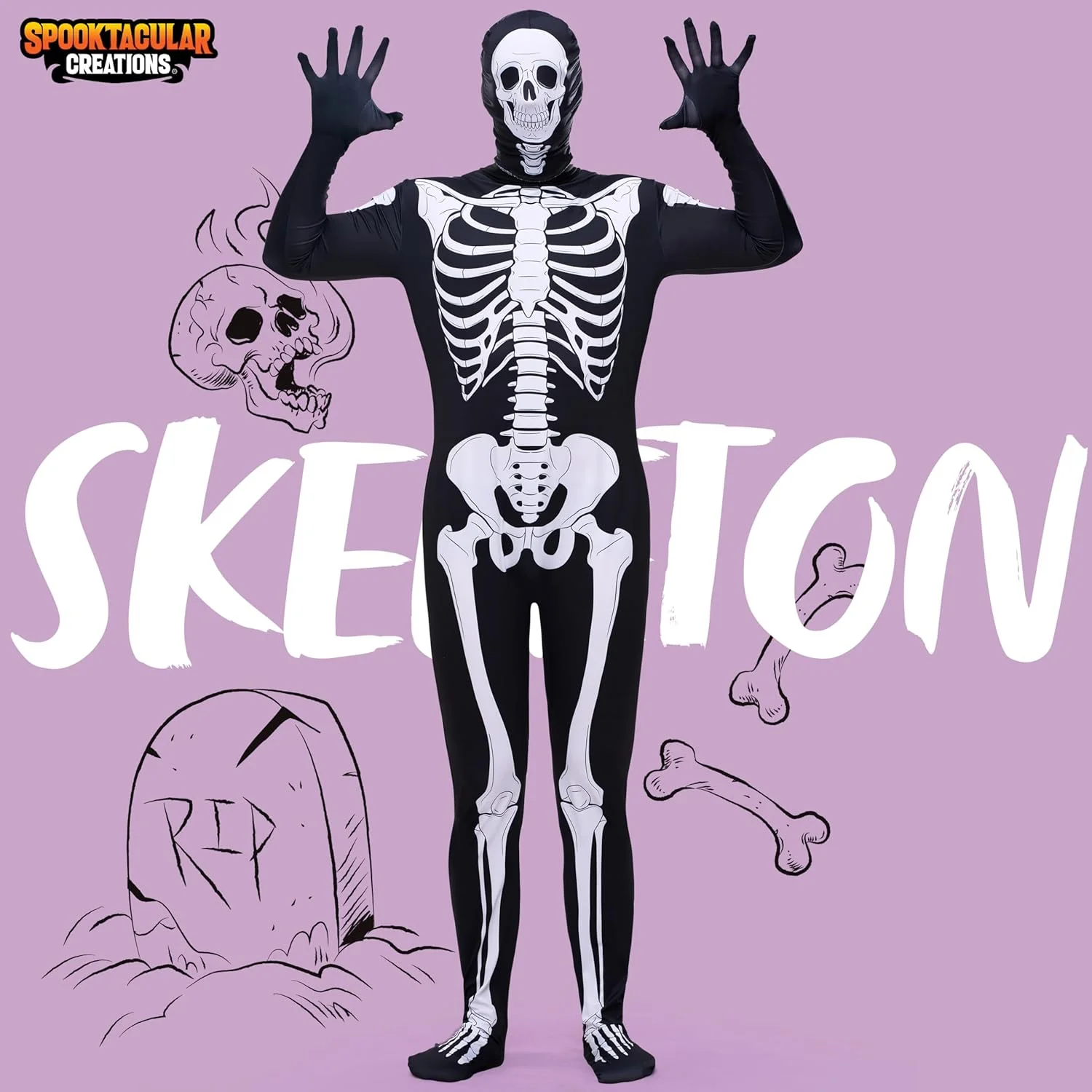 Spooktacular Creations Men's Skeleton Halloween Costume with Hood for Adult Themed Parties, Halloween - Image 2