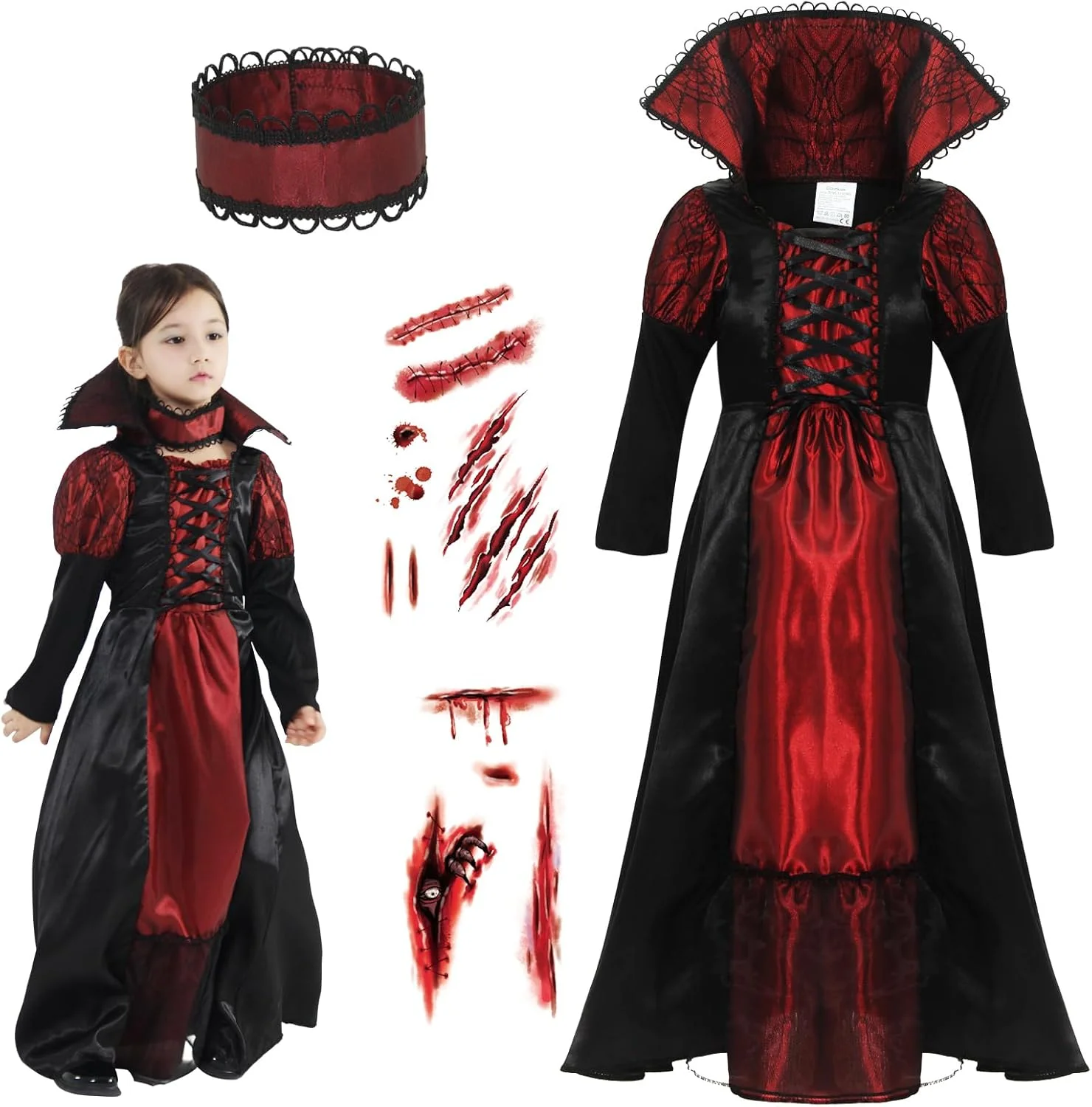 Cloudkids Vampire Queen Costume - Vampire Girl Costume - Twilight - Dress and Accessories for Girls for Halloween Carnival, Cosplay - Image 2