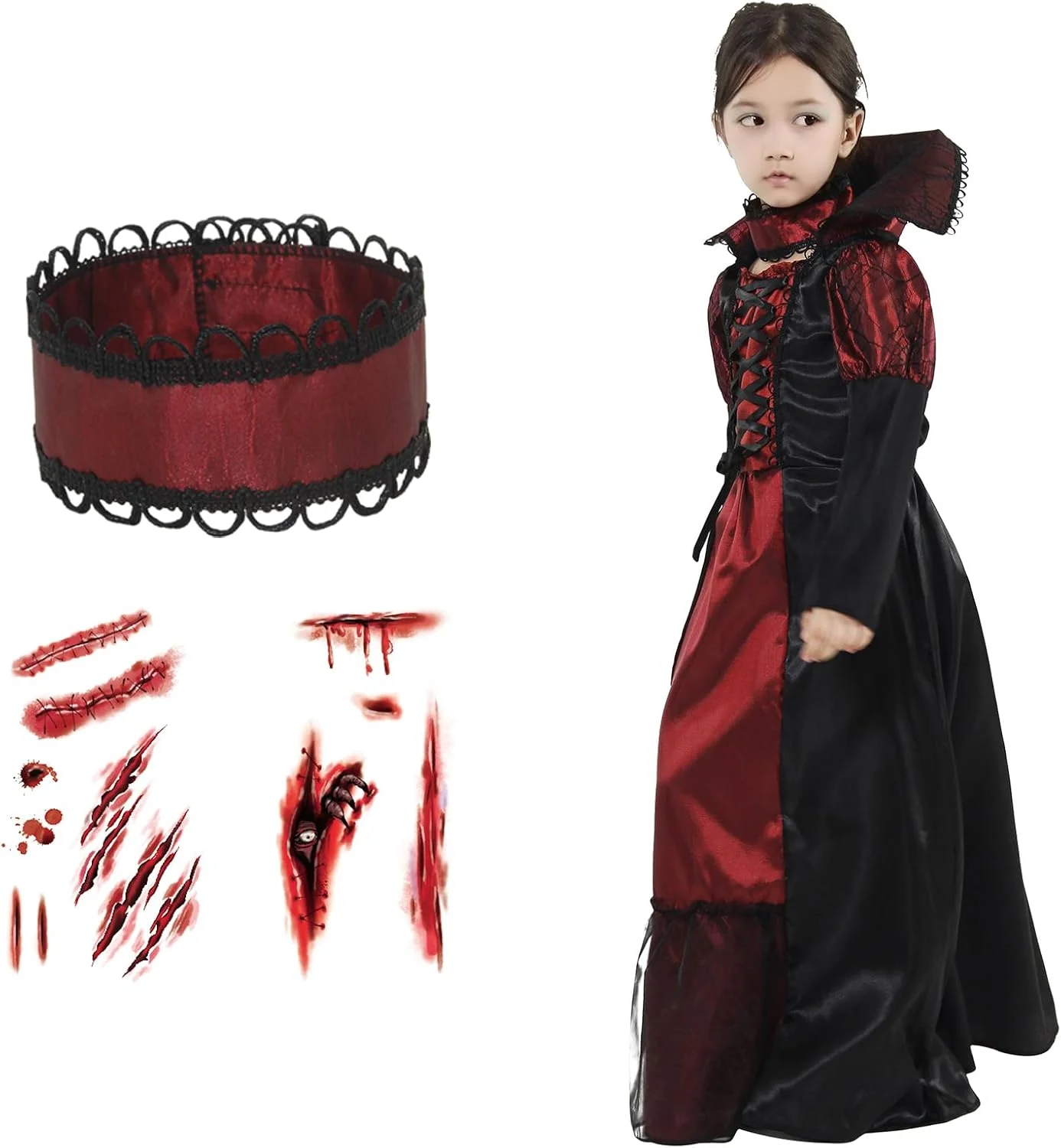 Cloudkids Vampire Queen Costume - Vampire Girl Costume - Twilight - Dress and Accessories for Girls for Halloween Carnival, Cosplay - Image 3