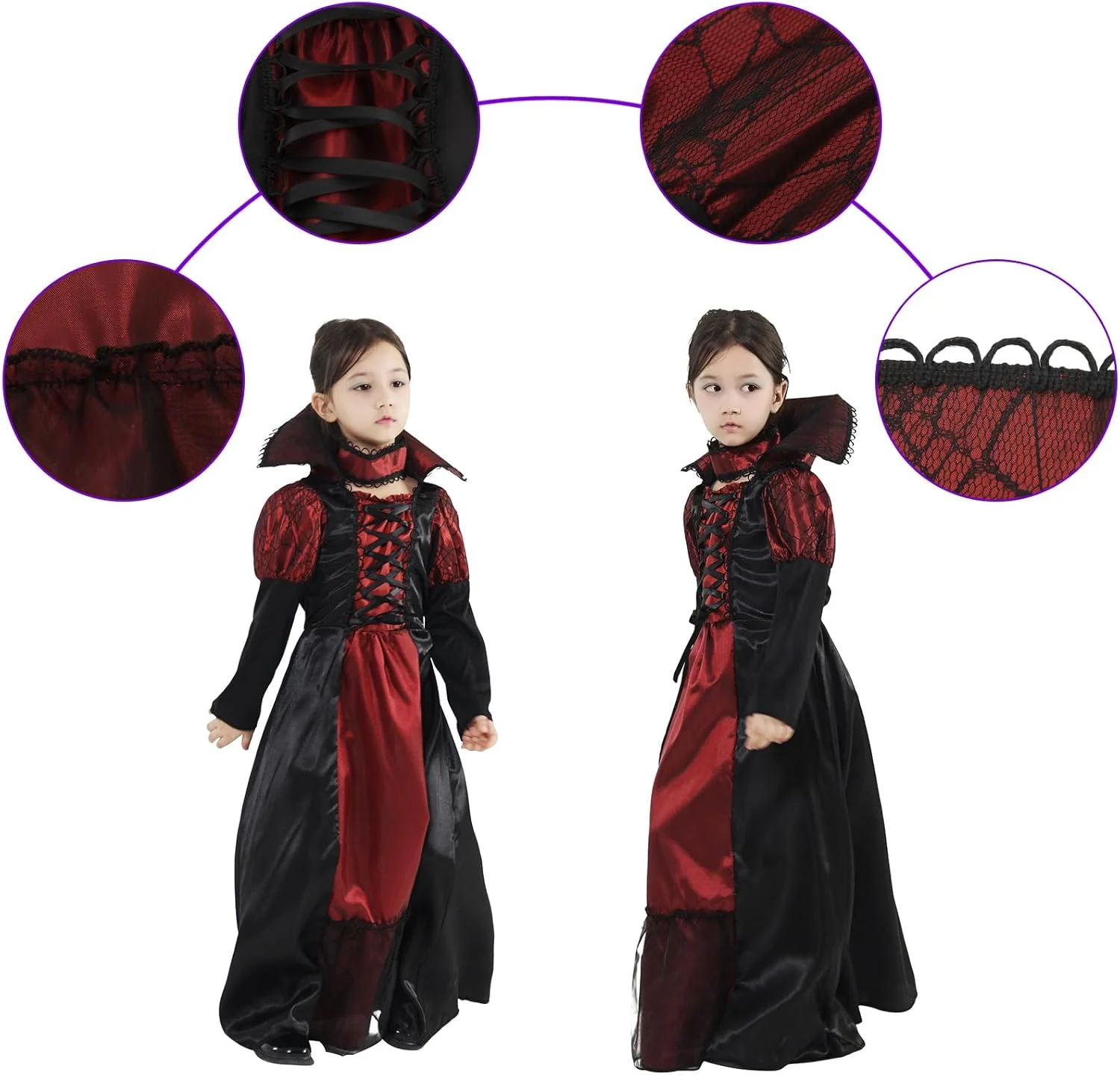 Cloudkids Vampire Queen Costume - Vampire Girl Costume - Twilight - Dress and Accessories for Girls for Halloween Carnival, Cosplay - Image 4