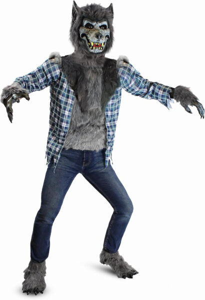Spooktacular Creations Deluxe Howling Werewolf Costume with Mask, Werewolf Claw Gloves, Boot Covers, Halloween Wolf Costume for Kids-XXL (14-16 years)