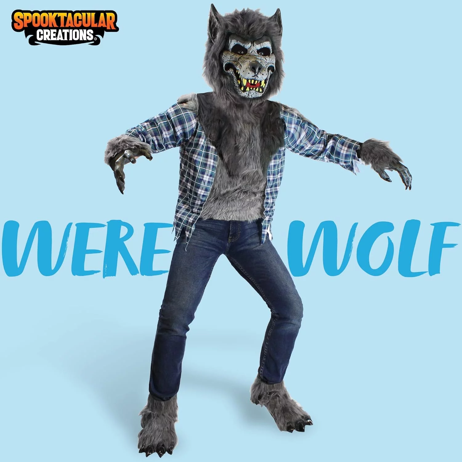 Spooktacular Creations Deluxe Howling Werewolf Costume with Mask, Werewolf Claw Gloves, Boot Covers, Halloween Wolf Costume for Kids-XXL (14-16 years) - Image 2