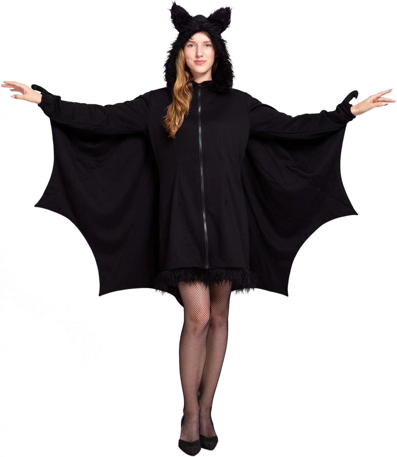 Spooktacular Creations Disfraces de Halloween con capucha y cremallera de murciélago negro para mujer para adultos
