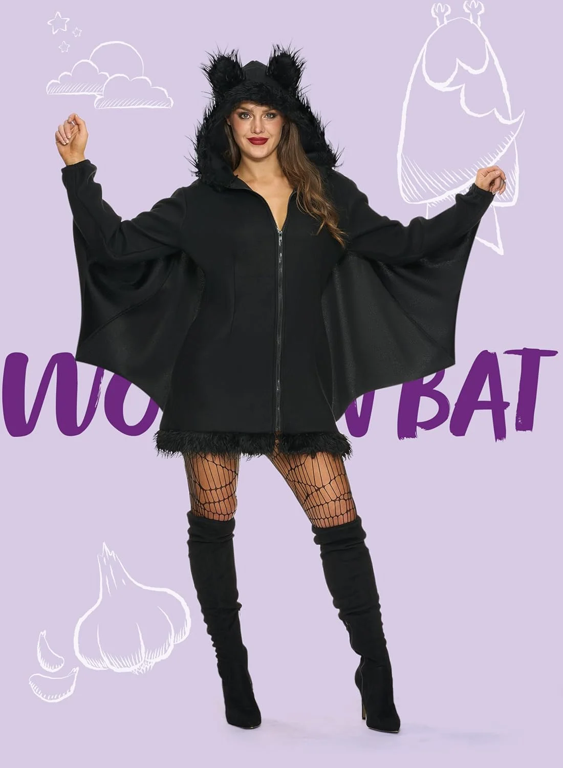 Spooktacular Creations Disfraces de Halloween con capucha y cremallera de murciélago negro para mujer para adultos - Imagen 2