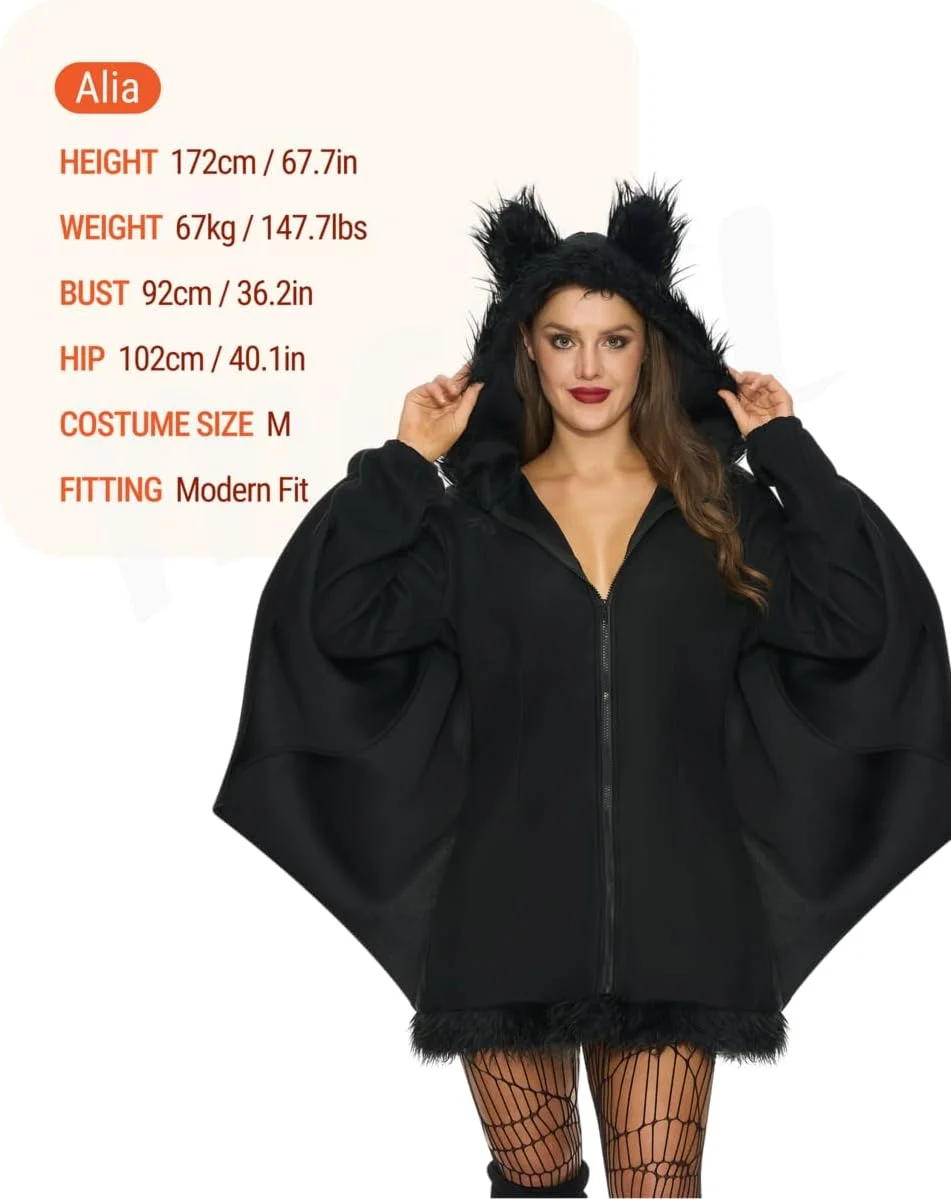 Spooktacular Creations Disfraces de Halloween con capucha y cremallera de murciélago negro para mujer para adultos - Imagen 6