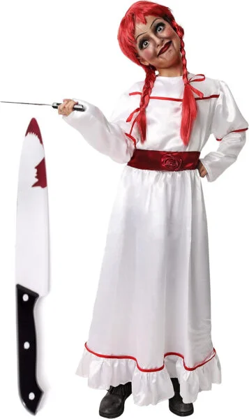 Gojoy shop- Disfraz de Muñeca Poseída para Niños y Niñas Halloween,Carnaval. (Contiene:Vestido Bordado Rojo Cintura con Flores,Cuchillo de Broma y Mochila de Cuerdas.4 Tallas Diferentes)