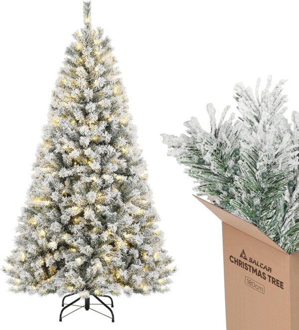 SALCAR Arbol de Navidad Blanco Artificial 180 cm, Árbol de Navidad Nevado con Guantes y 828 Puntas de Rama, Pino de Navidad con Soporte de Madera, Abeto, Ignífugo