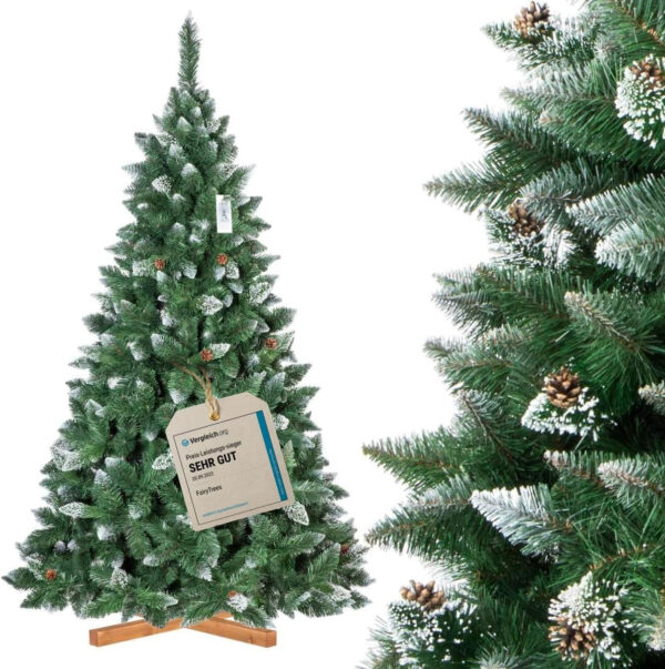 FairyTrees árbol de Navidad Artificial 220cm Pino con el Soporte de Madera | árbol Artificial Blanco nevado| Fabricado en EU