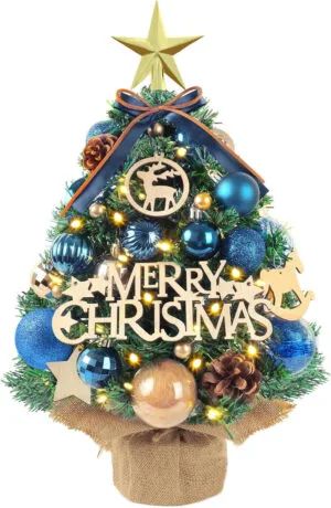 AFXXE Arbol De Navidad Pequeño, 45cm Artificial Moderno Mini Pino Navidad con Completo Adornos y Luces LED, Sobremesa Small Madera Christmas Tree, Natural Arbol Navidad Usado para de Mesa Decorado