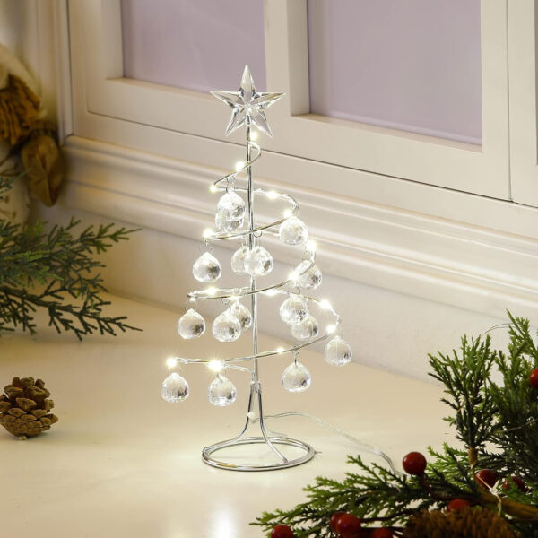 Lewondr Lámpara de Árbol de Navidad Espiral, 27cm Luz Led a Pilas/USB con Estrella Brillante y Bolas de Plástico, Lámpara Decorativa de Mesa Adorno Romántico para Fiesta Comedor Dormitorio Boda, Plata