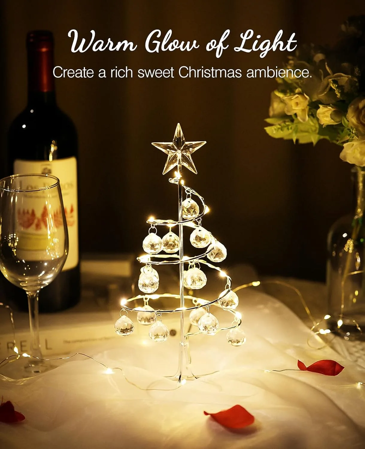 Lewondr Lámpara de Árbol de Navidad Espiral, 27cm Luz Led a Pilas/USB con Estrella Brillante y Bolas de Plástico, Lámpara Decorativa de Mesa Adorno Romántico para Fiesta Comedor Dormitorio Boda, Plata - Imagen 2