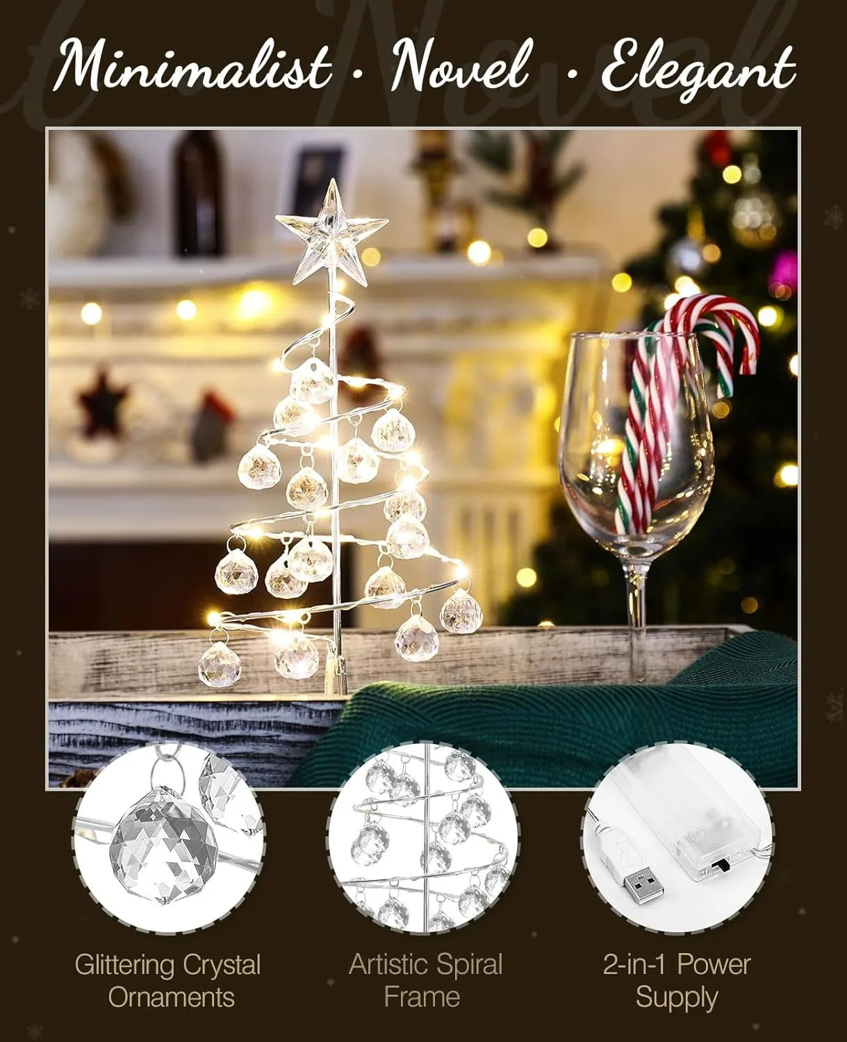 Lewondr Lámpara de Árbol de Navidad Espiral, 27cm Luz Led a Pilas/USB con Estrella Brillante y Bolas de Plástico, Lámpara Decorativa de Mesa Adorno Romántico para Fiesta Comedor Dormitorio Boda, Plata - Imagen 3