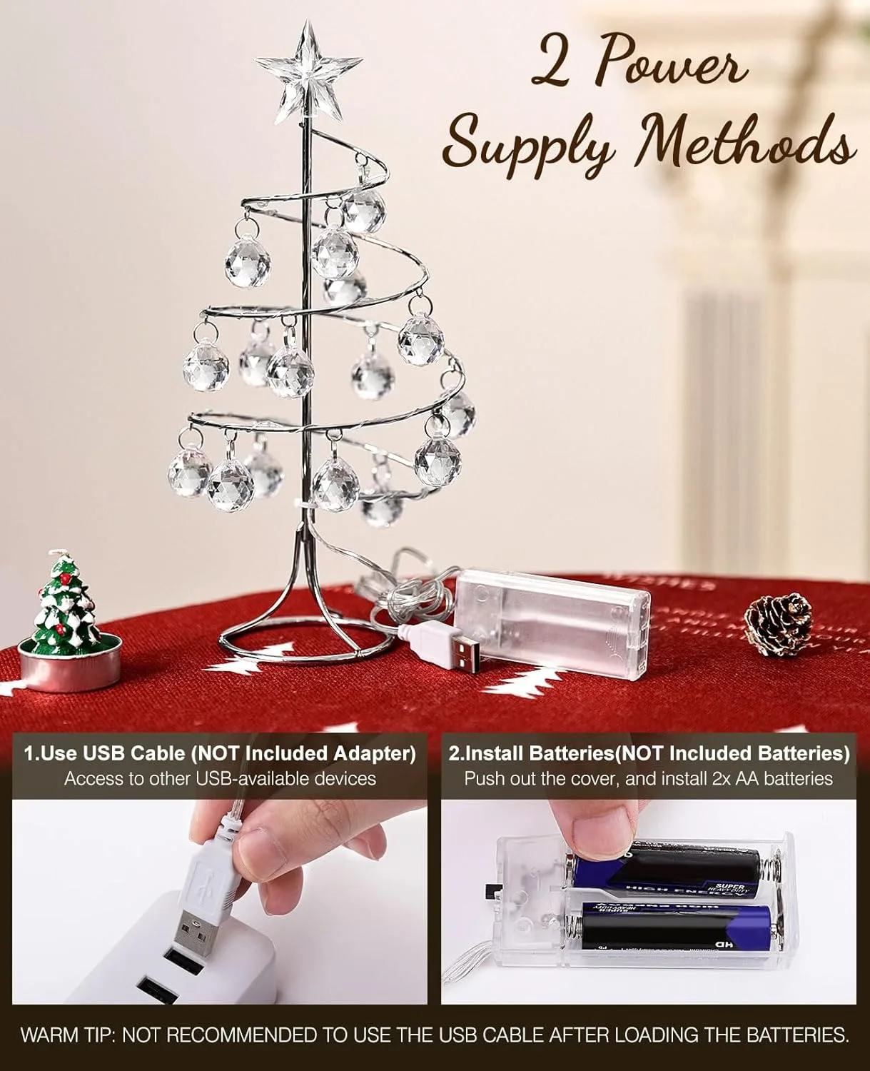 Lewondr Lámpara de Árbol de Navidad Espiral, 27cm Luz Led a Pilas/USB con Estrella Brillante y Bolas de Plástico, Lámpara Decorativa de Mesa Adorno Romántico para Fiesta Comedor Dormitorio Boda, Plata - Imagen 4