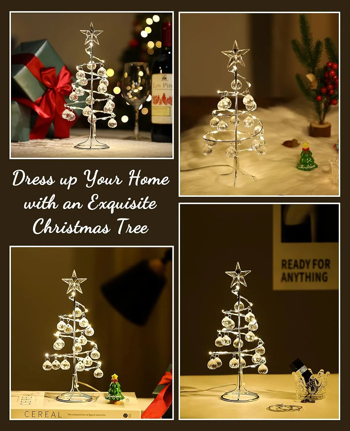 Lewondr Lámpara de Árbol de Navidad Espiral, 27cm Luz Led a Pilas/USB con Estrella Brillante y Bolas de Plástico, Lámpara Decorativa de Mesa Adorno Romántico para Fiesta Comedor Dormitorio Boda, Plata - Imagen 6